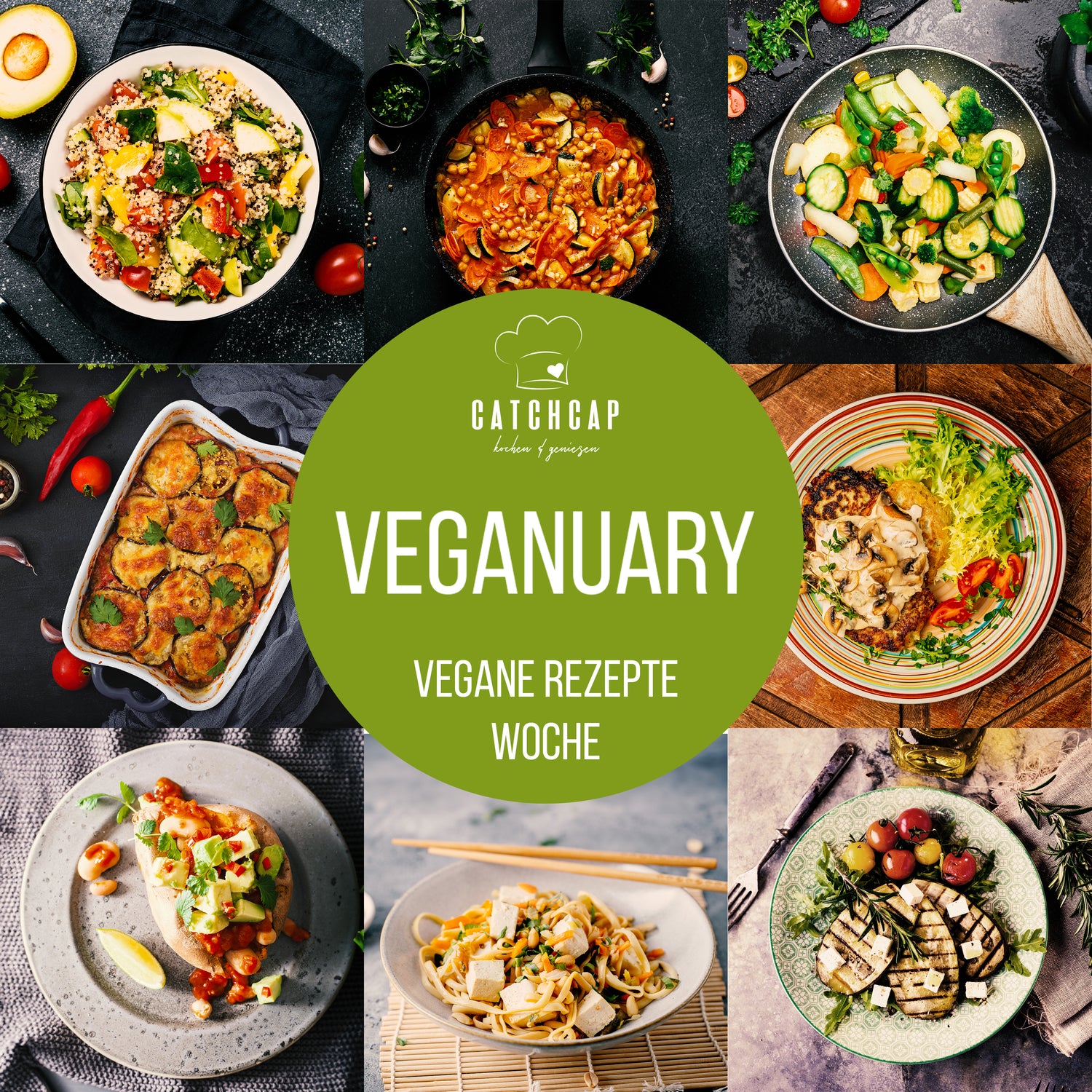 Zusammenfassung der Veganuary Bilder. 9 Verschiedene Vegane Gerichte.