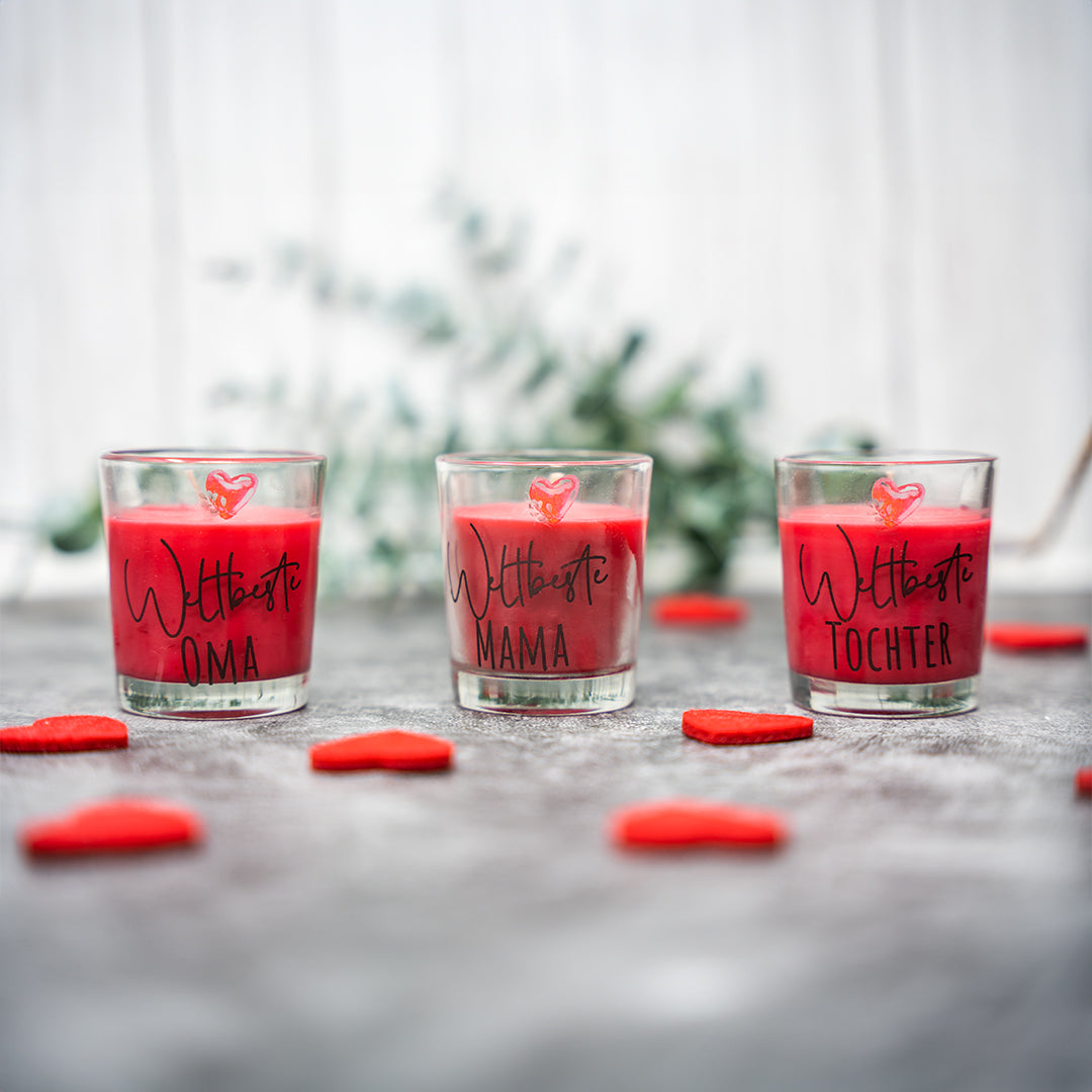 Rote Duftkerzen im Glas mit Spruch Weltbeste Mama, Oma, Tochter