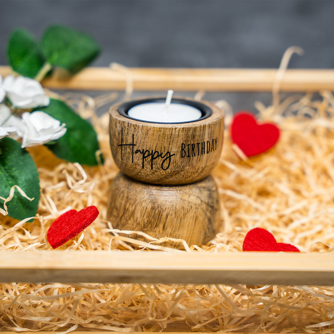 Teelichthalter aus Holz mit Design Happy Birthday